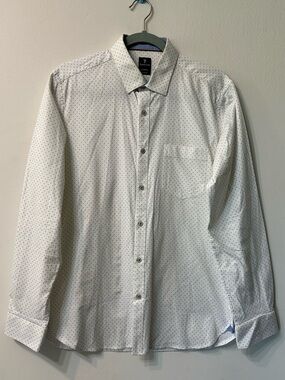 Van Heusen Custom Fit Stretch Geometric White Blue Men's Dress Shirt 15in